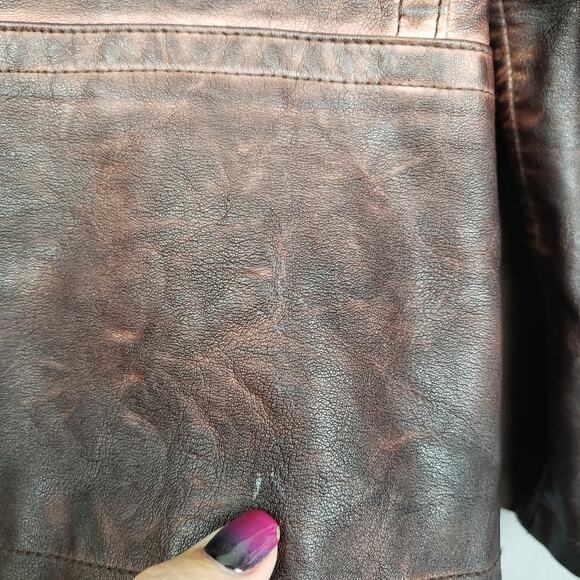 Maurices Size 4X Faux Leather Moto Jacket Brown Distressed Grunge Mad Max Rugged - Picture 14 of 15